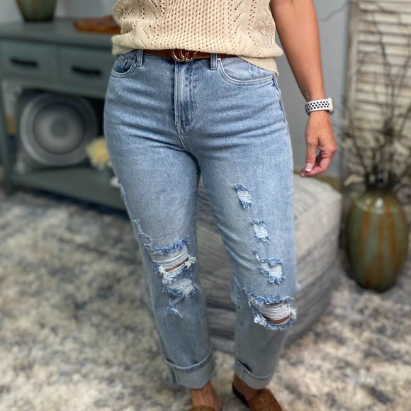 Risen High Rise Boyfriend Distressed Straight Stretch Jeans Light 2422 - Picture 6 of 13